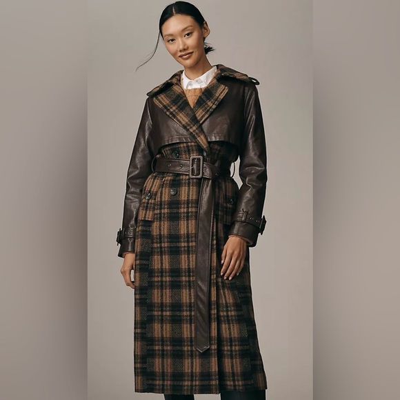 NWT! Avec Les Filles Faux Leather Oversized Plaid Trench Coat Size L - Picture 16 of 16